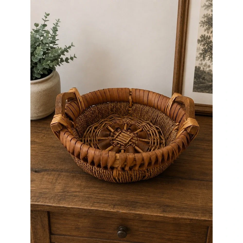 Vintage Round Wicker Basket with Wooden Handles Rustic Boho Storage Decor Brown